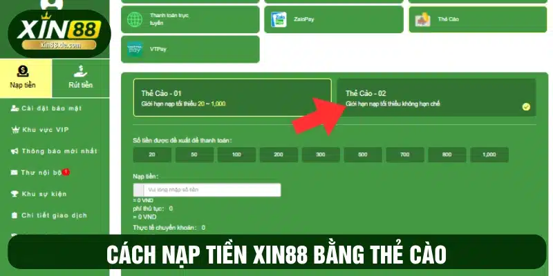 Gửi tiền XIN88 thông qua thẻ card điện thoại